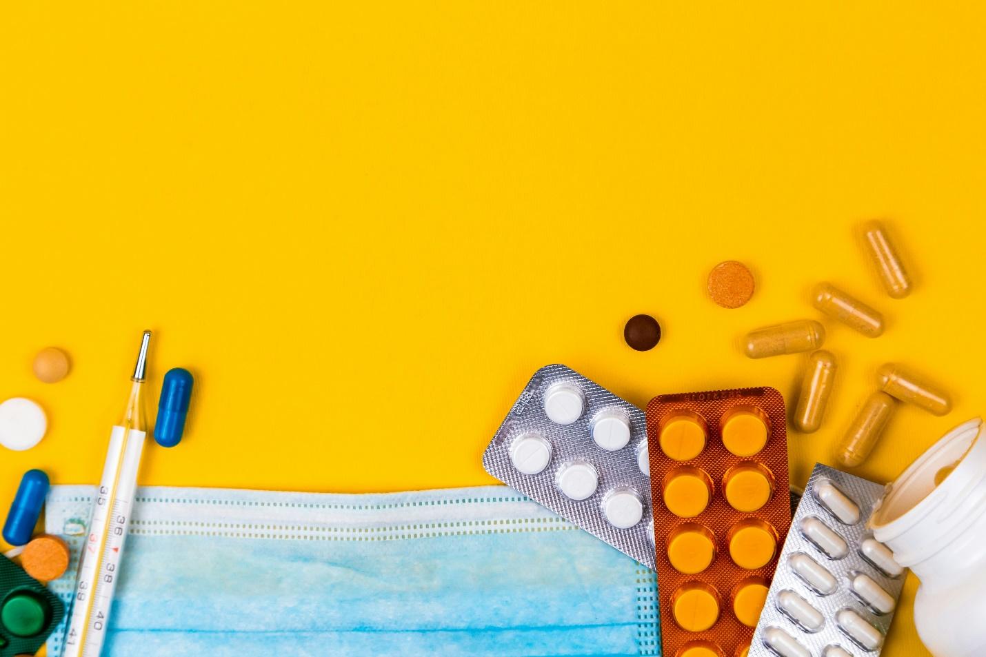  A facemask, thermometer, and medicines