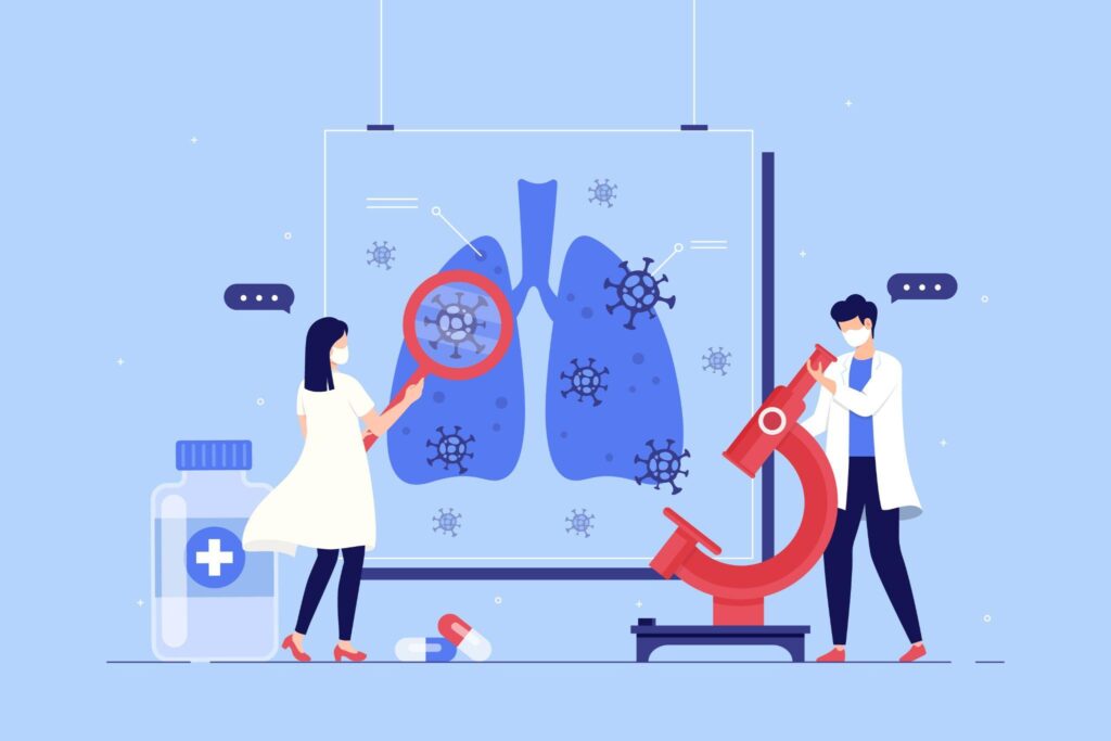 An illustration of two scientists studying the lungs with virus particles.