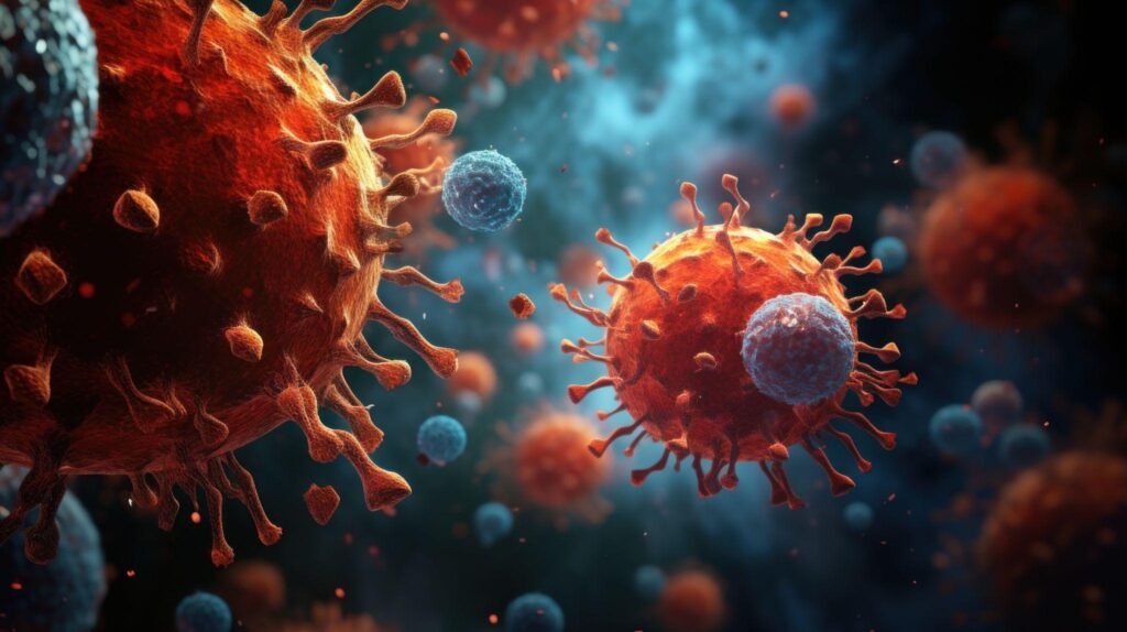 Viruses and bacteria in blue and red tones floating in cellular space