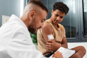 Young boy in pain with a bandage on his upper arm during a doctor visit