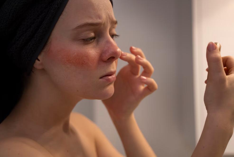 A woman checking her face.