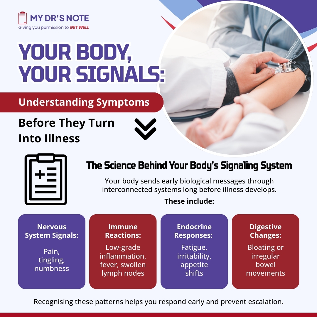 Infographic on understanding body signals and symptoms, covering nervous, immune, endocrine, and digestive responses to help prevent illness.