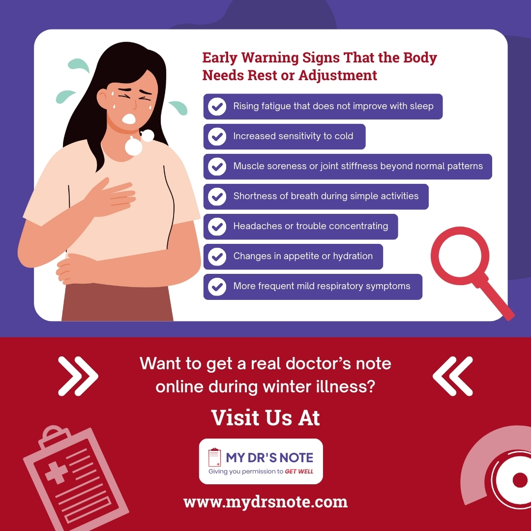 Infographic listing early warning signs such as persistent fatigue, sensitivity to cold, muscle stiffness, shortness of breath, and increased respiratory symptoms, encouraging visitors to seek a doctor's note.