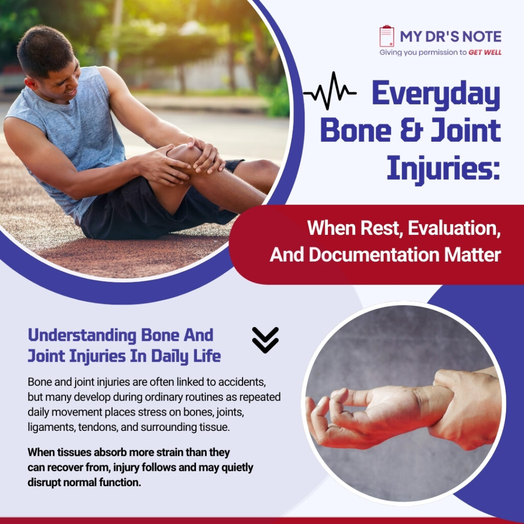 Infographic on bone and joint injuries, highlighting their connection to daily life and the importance of rest, evaluation, and documentation.