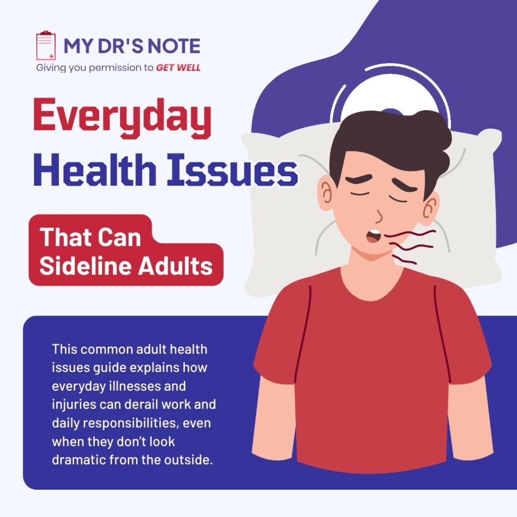 An illustration depicting a man with a fever resting on a pillow, surrounded by the text "Everyday Health Issues That Can Sideline Adults." The image highlights common adult health issues and their impact on daily responsibilities.