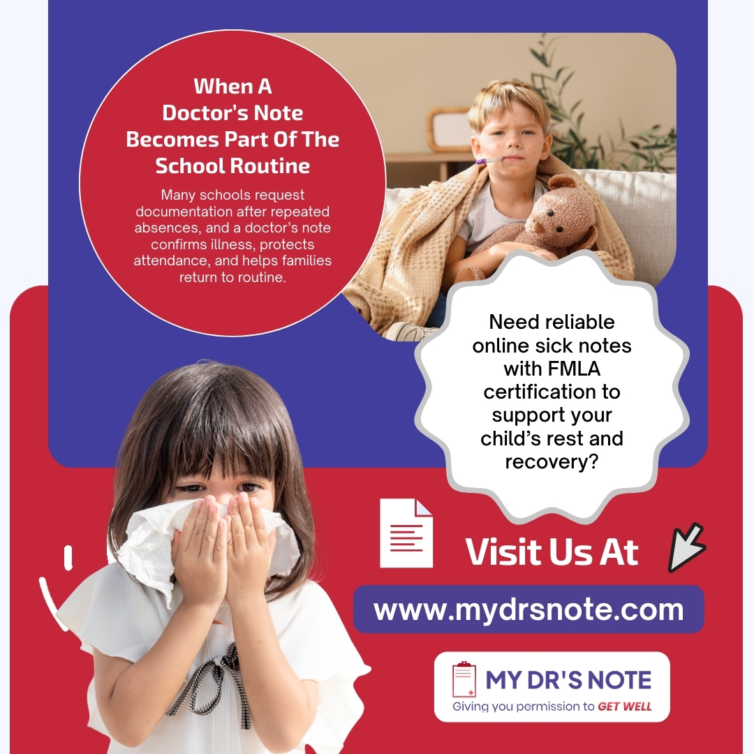Infographic on the importance of a doctor's note for school absences, featuring a sick boy and a girl with a tissue.