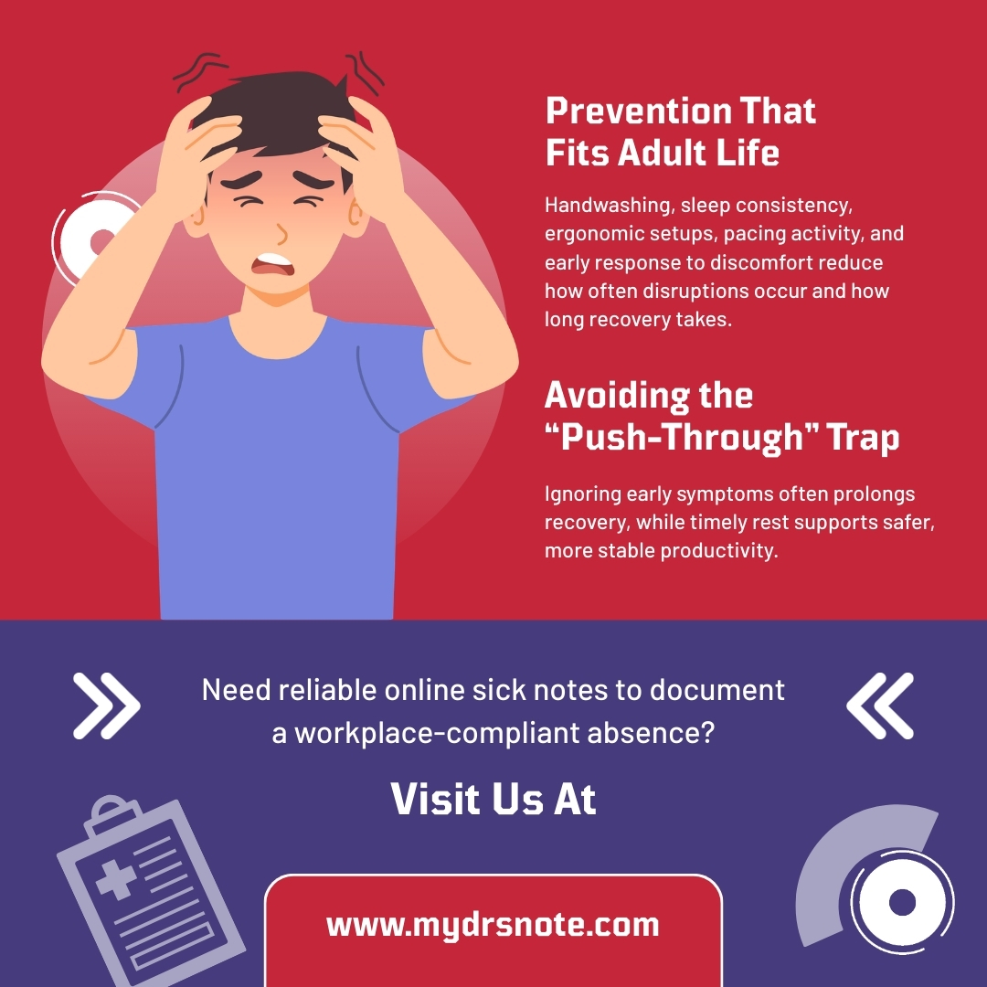 A man holding his head in pain, with text about prevention and recovery for adult health issues, including advice on handwashing and avoiding the "push-through" trap.